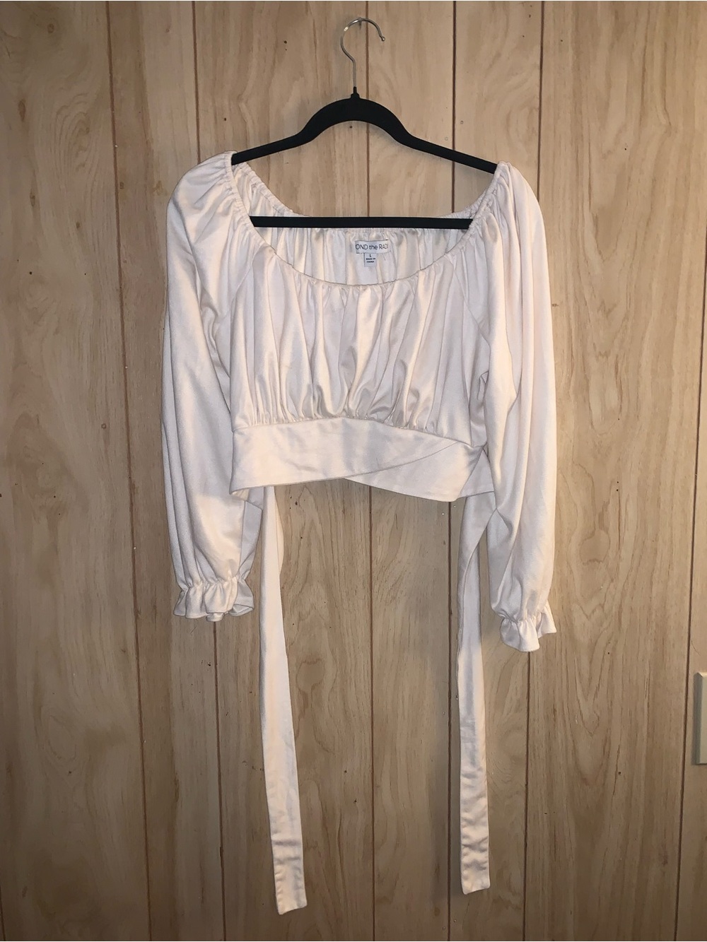 Cropped Long-Sleeve Tie-Back Blouse in Off-White